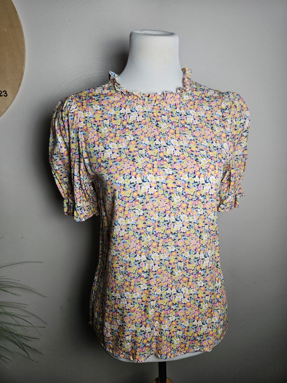Women’s Floral Ruffle Neck Blouse - Yellow Pink Multi